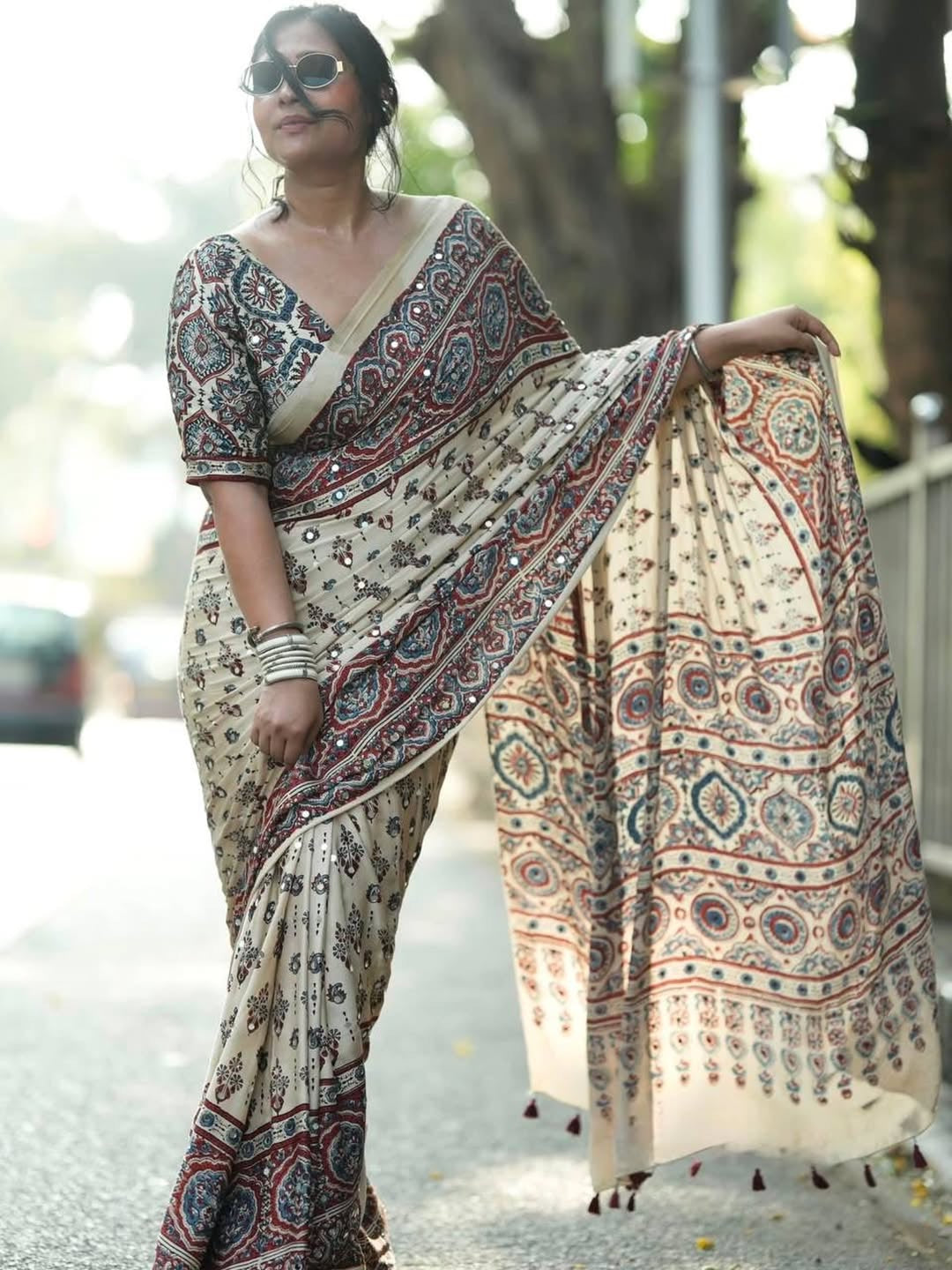 Ajrakh Modal Silk Saree for Women | Real Mirror Work Traditional Printed Saree with Unstitched Blouse| Perfect for Party’s, Wedding And Festival