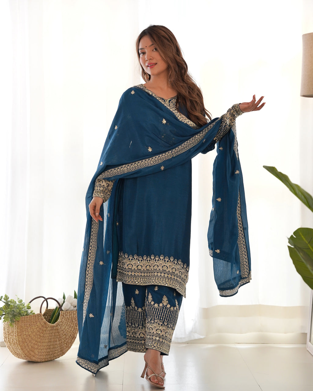 Royal Teal Pure Chinon Silk Embroidered Kurta Set with Dupatta & Trousers