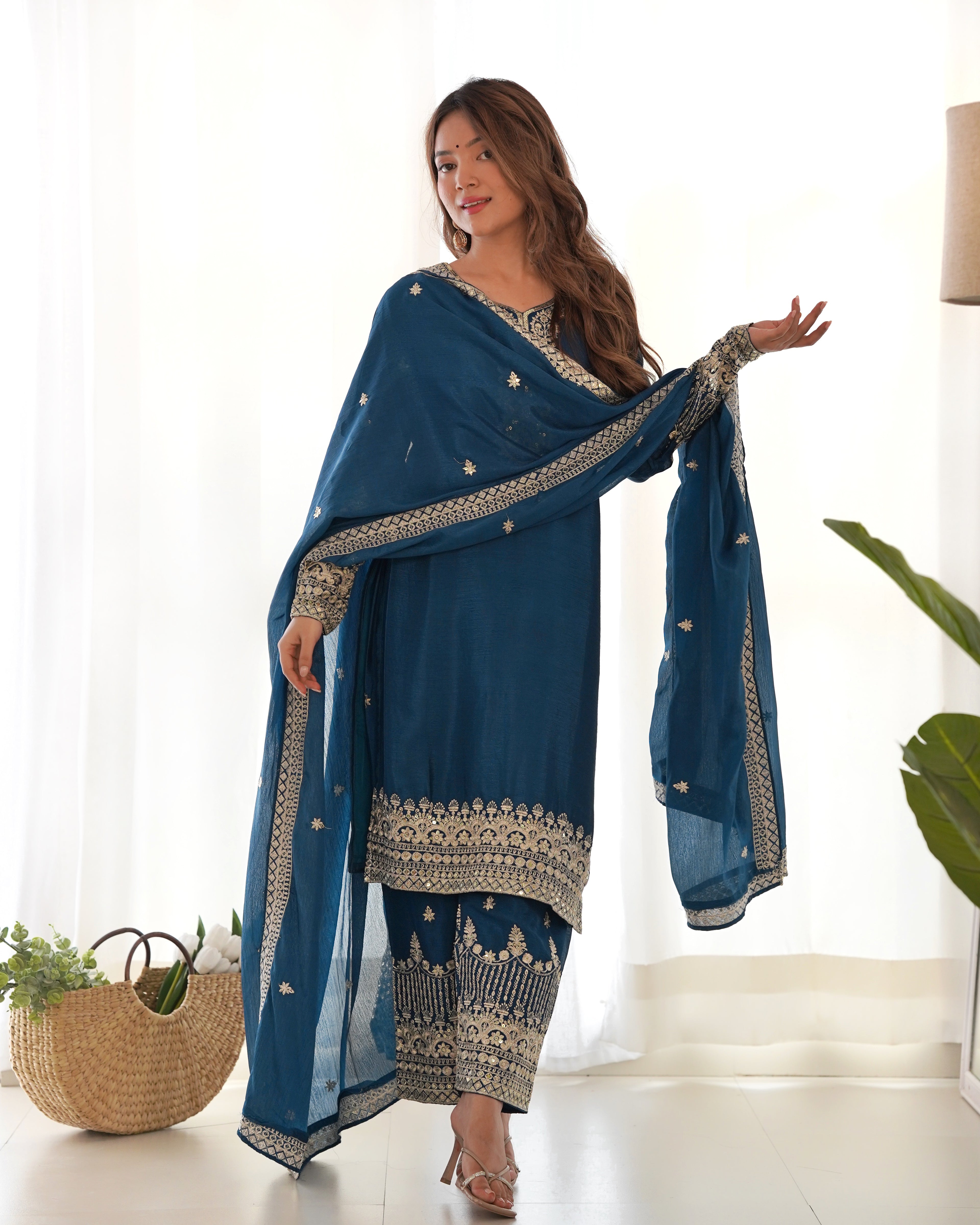 Royal Teal Pure Chinon Silk Embroidered Kurta Set with Dupatta & Trousers