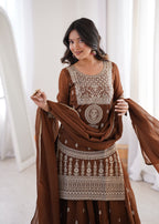 Elegant Chocolate Brown Crunchy Silk Sharara Set with Heavy Dori & Jari Embroidery