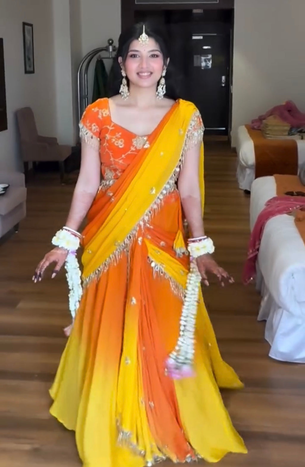 Designer Haldi Georgette Lehenga Saree with Embroidery Sequence & Real Mirror Work Border