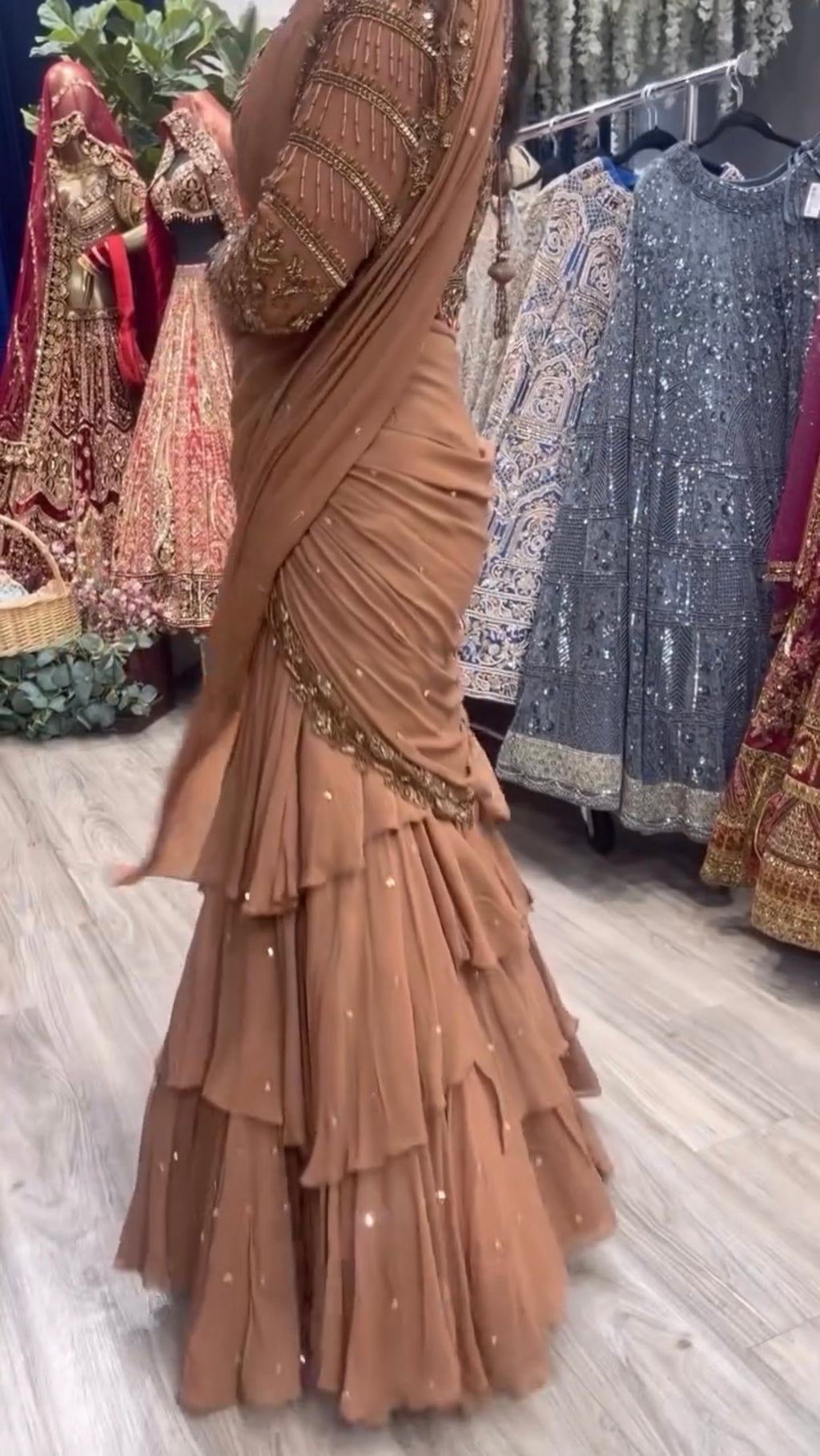 Brown (Chocolate) Georgette Ready-to-Wear Lehenga Saree with Beads Work