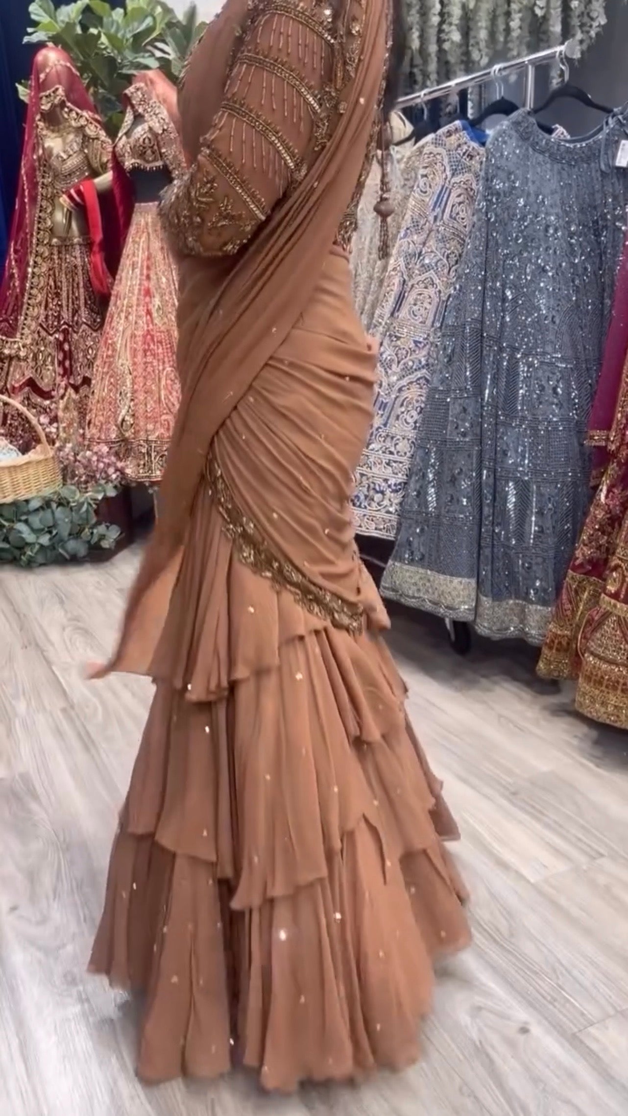 Brown (Chocolate) Georgette Ready-to-Wear Lehenga Saree with Beads Work