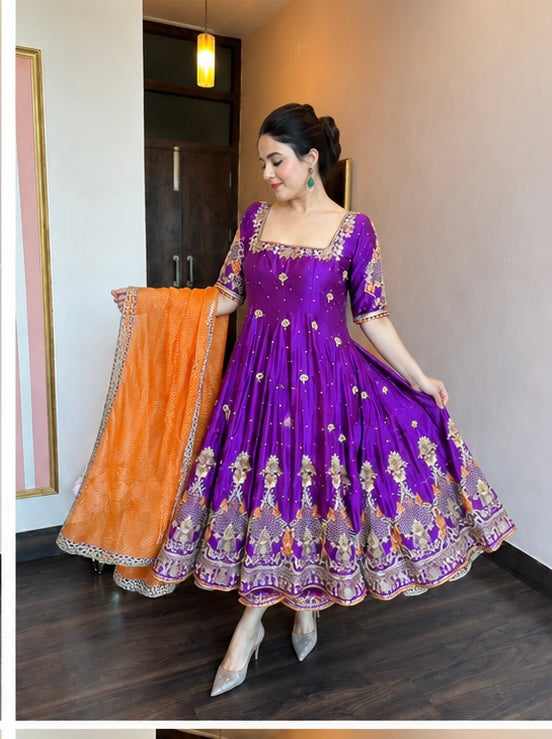 Royal Purple Heavy Silk Embroidered Anarkali Suit Set with Organza Dupatta (3-Piece)