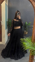 Black Ruffle Georgette Lehenga Set with Sequins Net Blouse & Dupatta – Premium Party & Wedding Wear