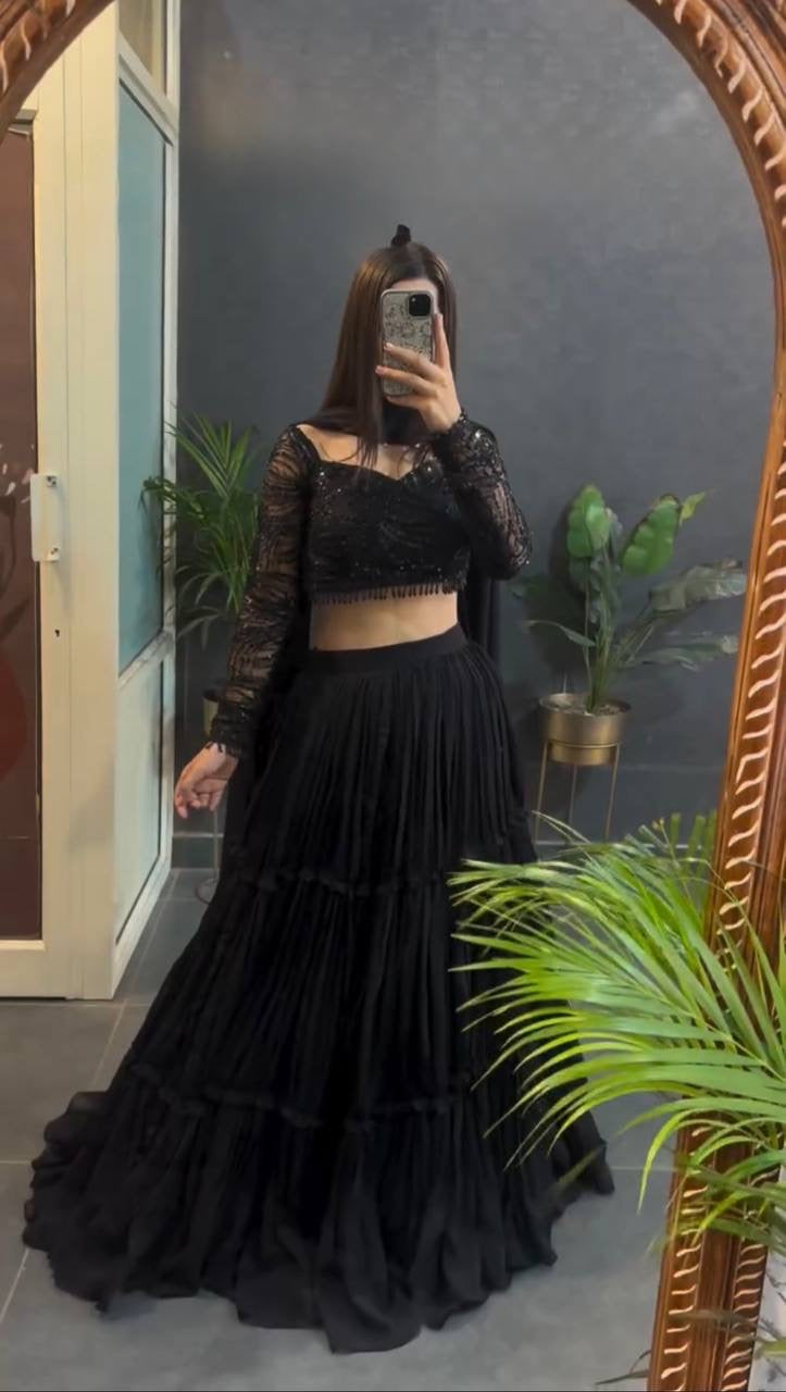 Black Ruffle Georgette Lehenga Set with Sequins Net Blouse & Dupatta – Premium Party & Wedding Wear