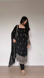 Elegant Faux Georgette Embroidered Straight Kurta Pant Set with Dupatta