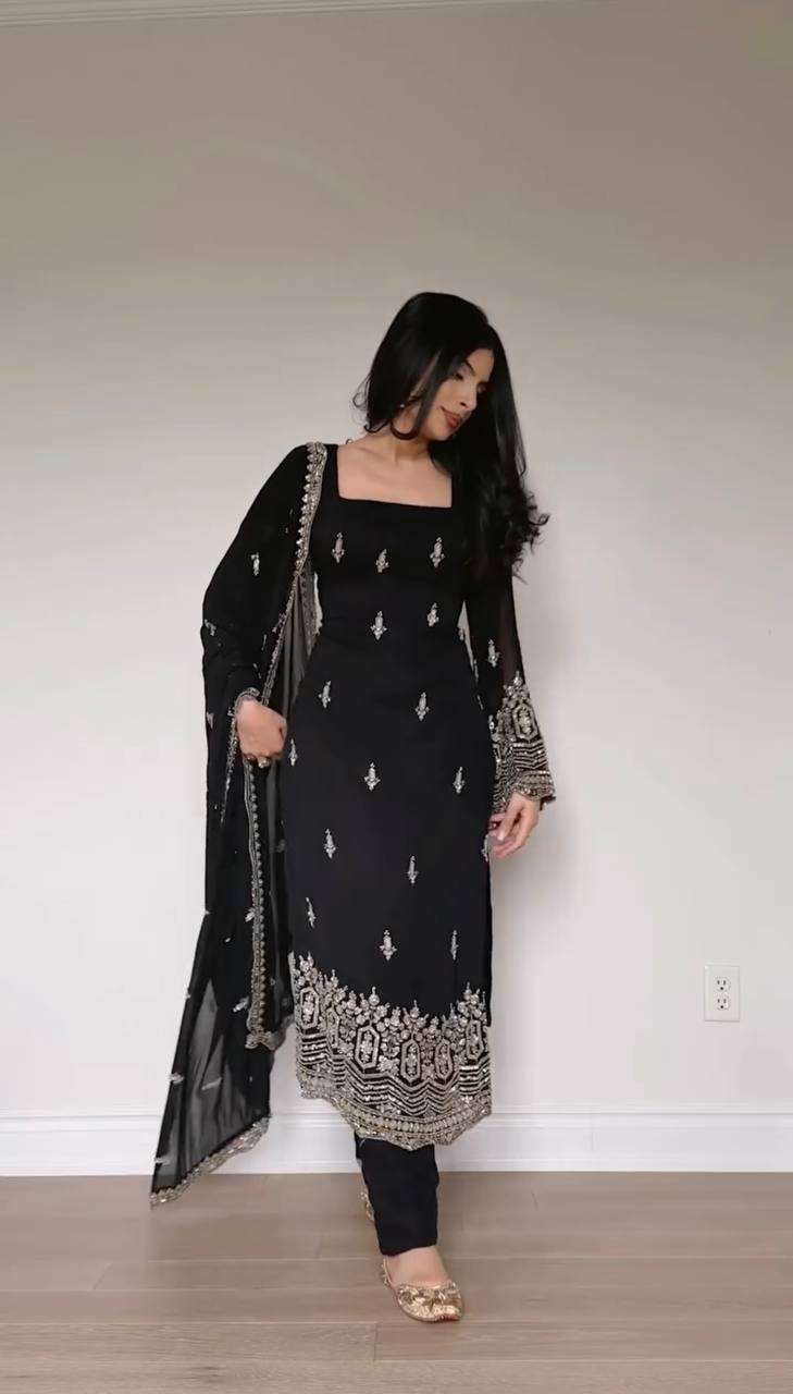 Elegant Faux Georgette Embroidered Straight Kurta Pant Set with Dupatta
