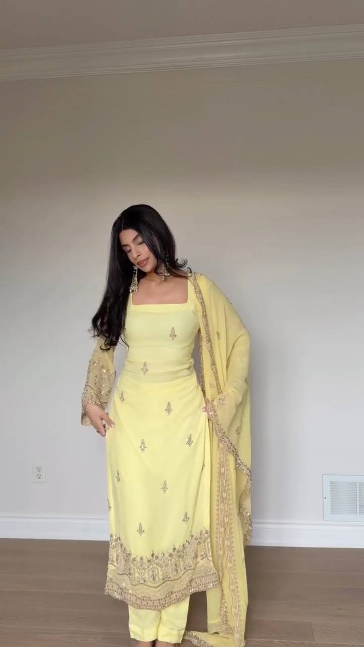Elegant Faux Georgette Embroidered Straight Kurta Pant Set with Dupatta