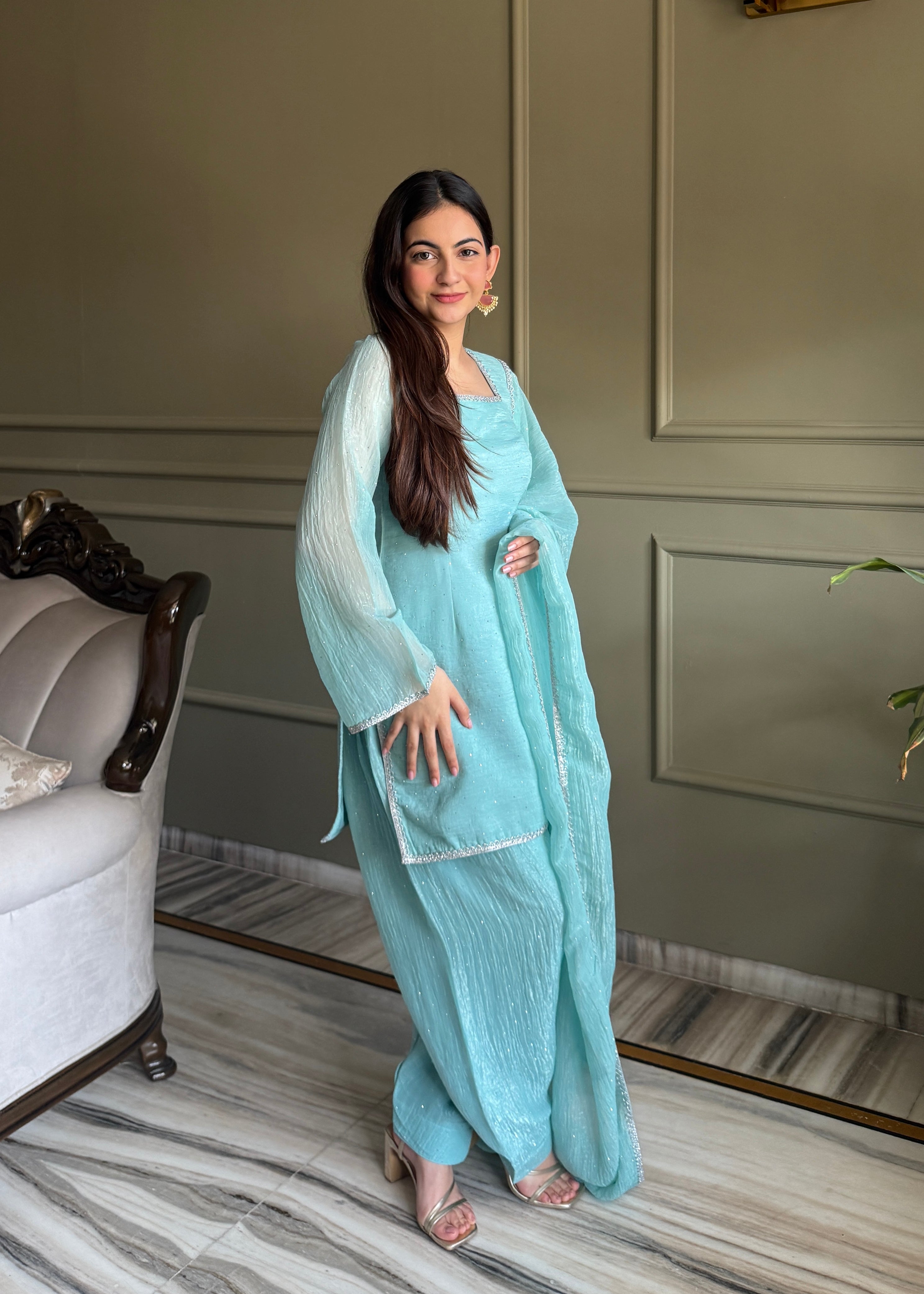 Aqua Blue Crunchy Silk Farshi Salwar Suit with Swarovski Work & Dupatta