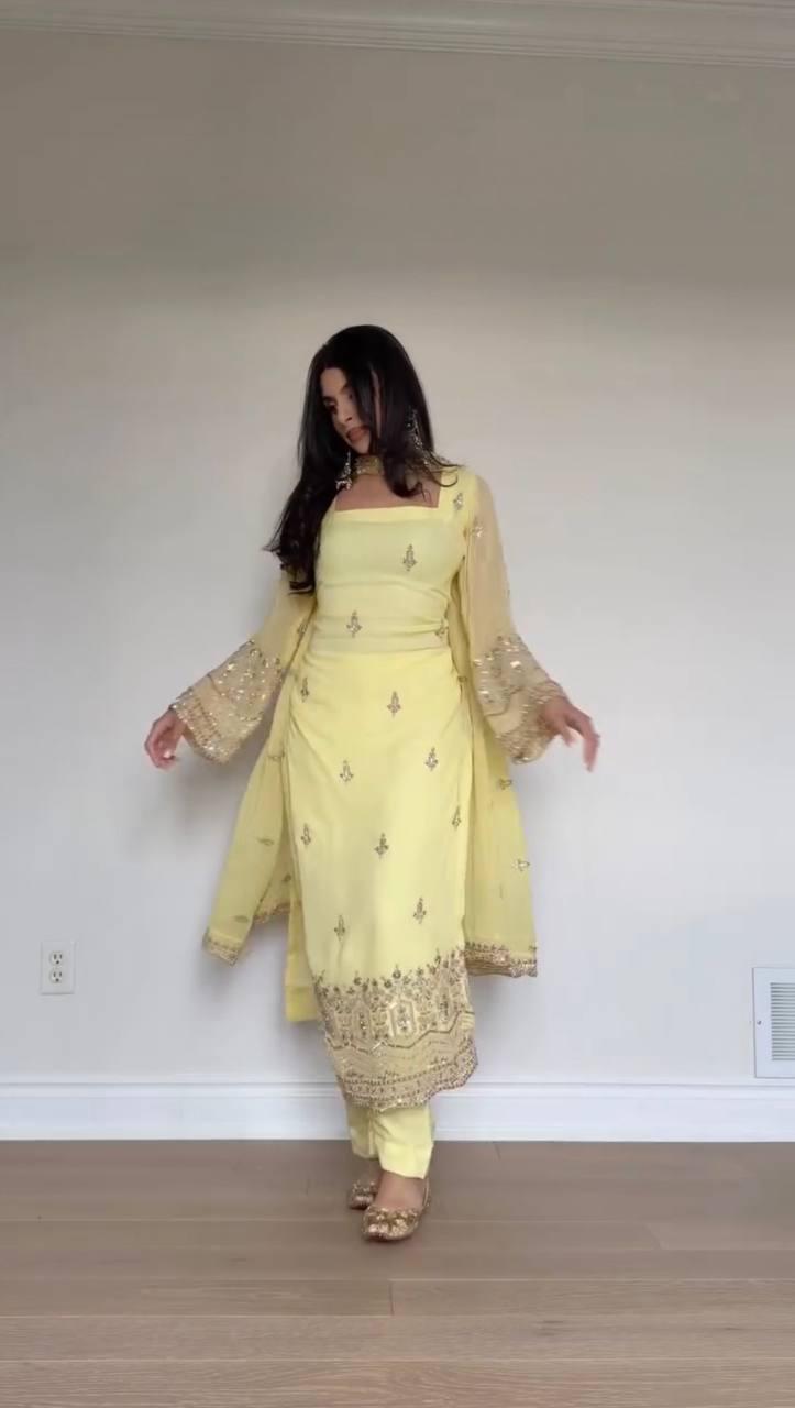 Elegant Faux Georgette Embroidered Straight Kurta Pant Set with Dupatta