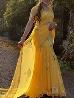 Designer Yellow Soft Georgette Lehenga Saree with Pearl & Floral Print Work