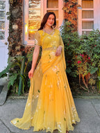 Designer Yellow Soft Georgette Lehenga Saree with Pearl & Floral Print Work