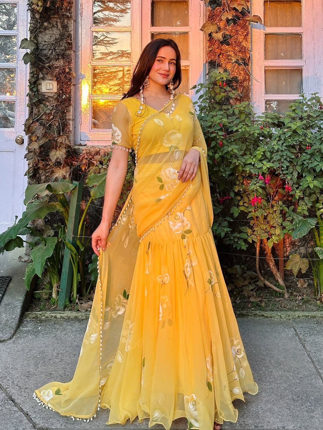 Designer Yellow Soft Georgette Lehenga Saree with Pearl & Floral Print Work