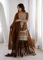 Elegant Chocolate Brown Crunchy Silk Sharara Set with Heavy Dori & Jari Embroidery