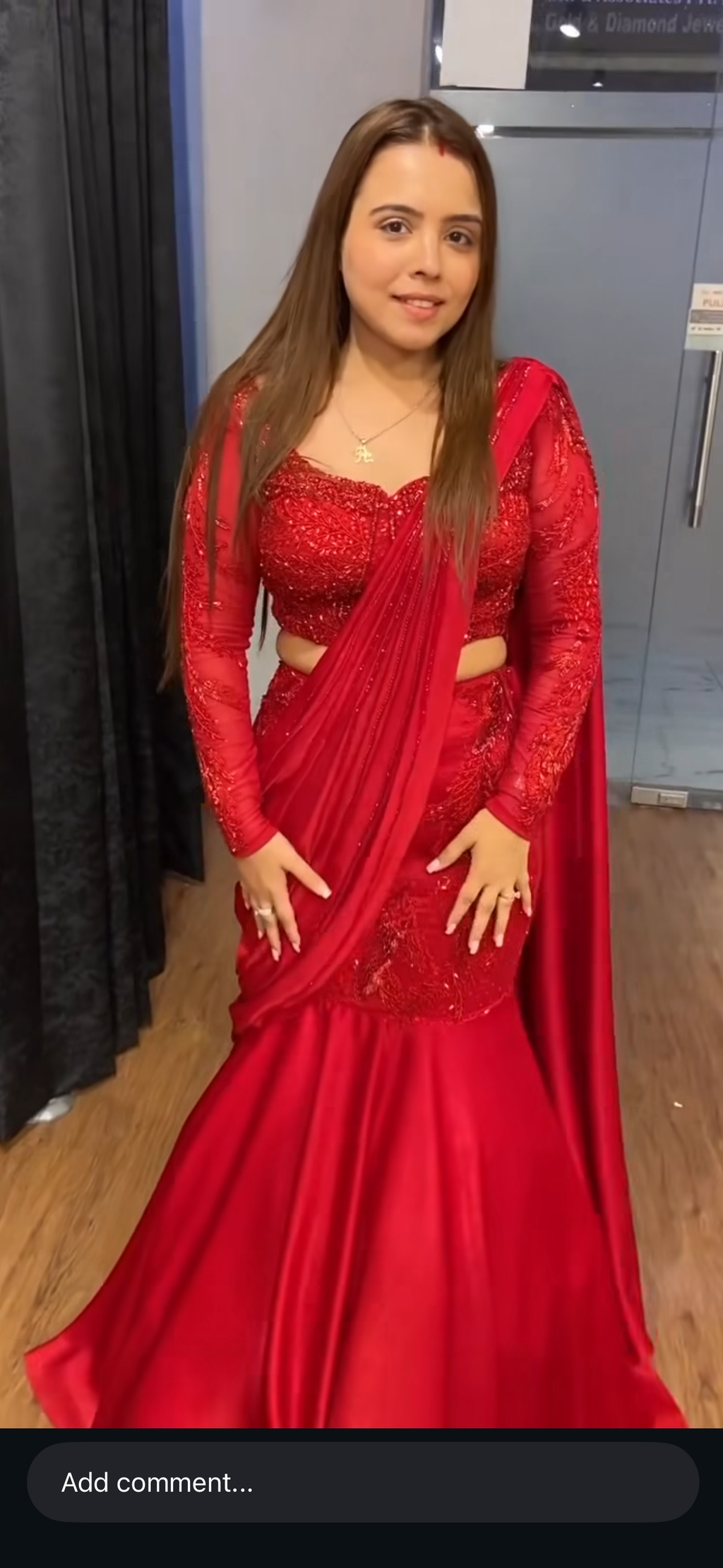 Designer Red Ready-to-Wear Satin Silk Saree with Embroidery & Sequence Work