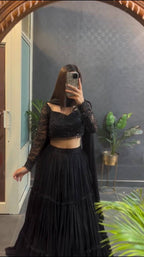 Black Ruffle Georgette Lehenga Set with Sequins Net Blouse & Dupatta – Premium Party & Wedding Wear