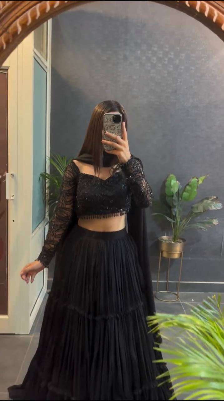 Black Ruffle Georgette Lehenga Set with Sequins Net Blouse & Dupatta – Premium Party & Wedding Wear