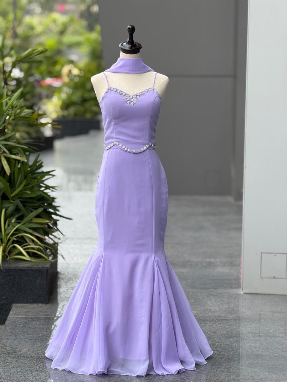 Lavender Georgette Fishcut Lehenga Set with Diamond Work Blouse & Dupatta