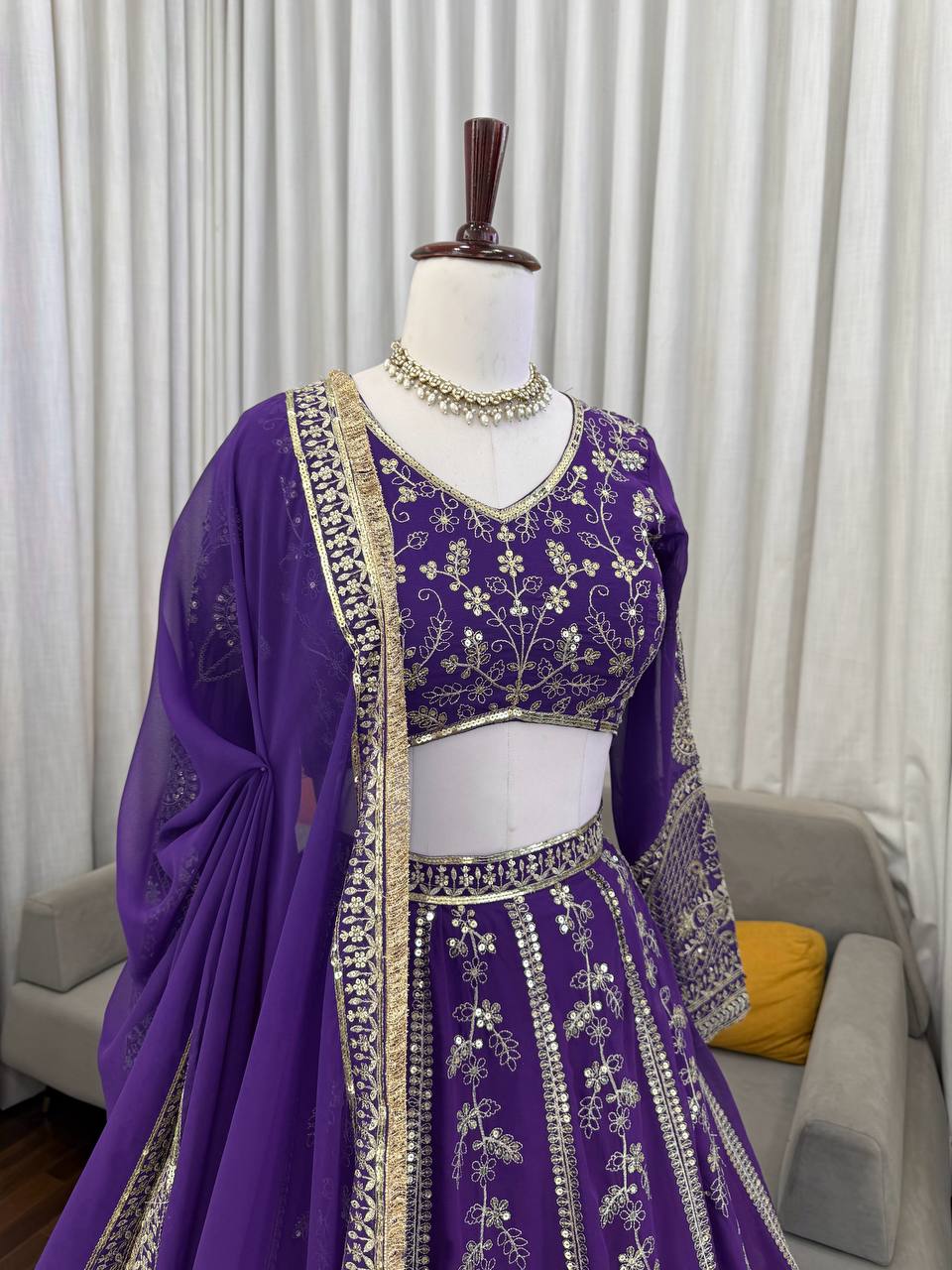 Royal Purple Faux Georgette Heavy Embroidered Lehenga Choli Set with Dupatta
