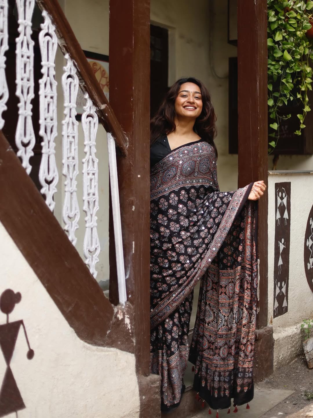 Ajrakh Modal Silk Saree for Women | Real Mirror Work Traditional Printed Saree with Unstitched Blouse| Perfect for Party’s, Wedding And Festival