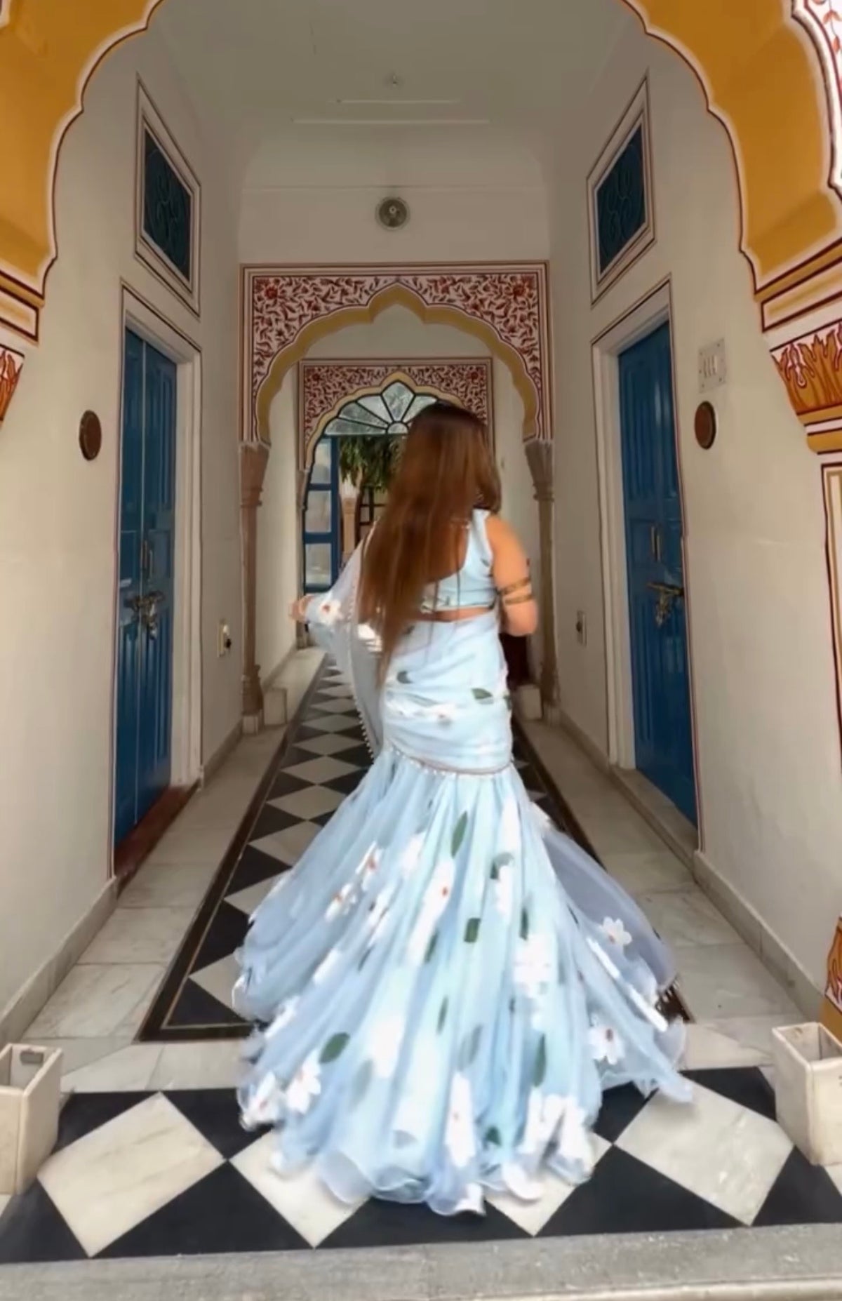 Designer Sky Blue Soft Georgette Ready-to-Wear Lehenga Saree with Floral Print & Pearl Lace Border