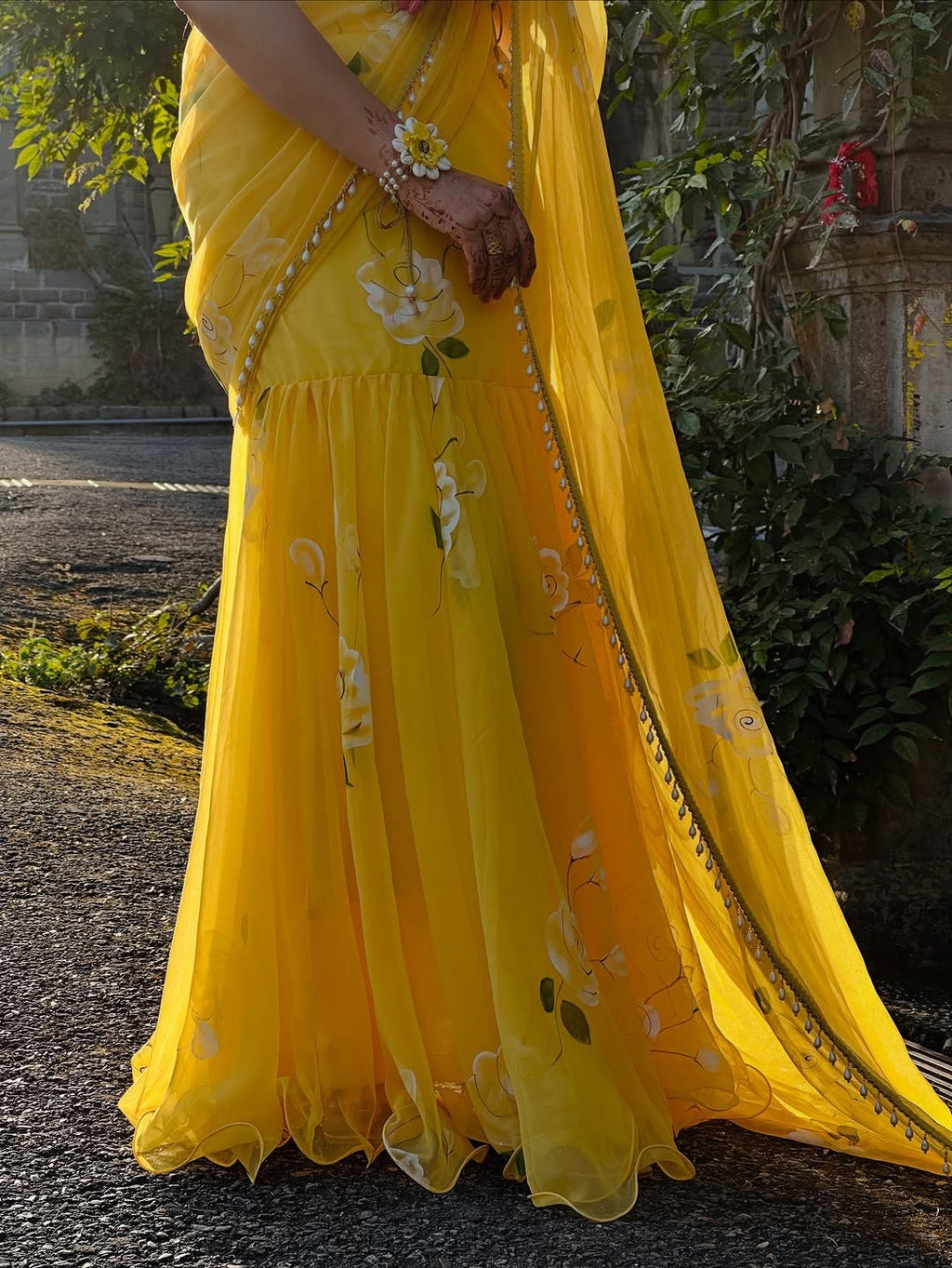 Designer Yellow Soft Georgette Lehenga Saree with Pearl & Floral Print Work