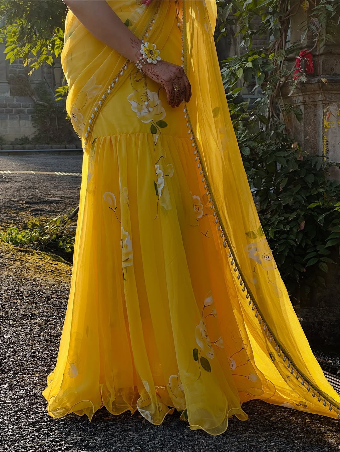 Designer Yellow Soft Georgette Lehenga Saree with Pearl & Floral Print Work