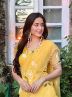 Designer Yellow Soft Georgette Lehenga Saree with Pearl & Floral Print Work