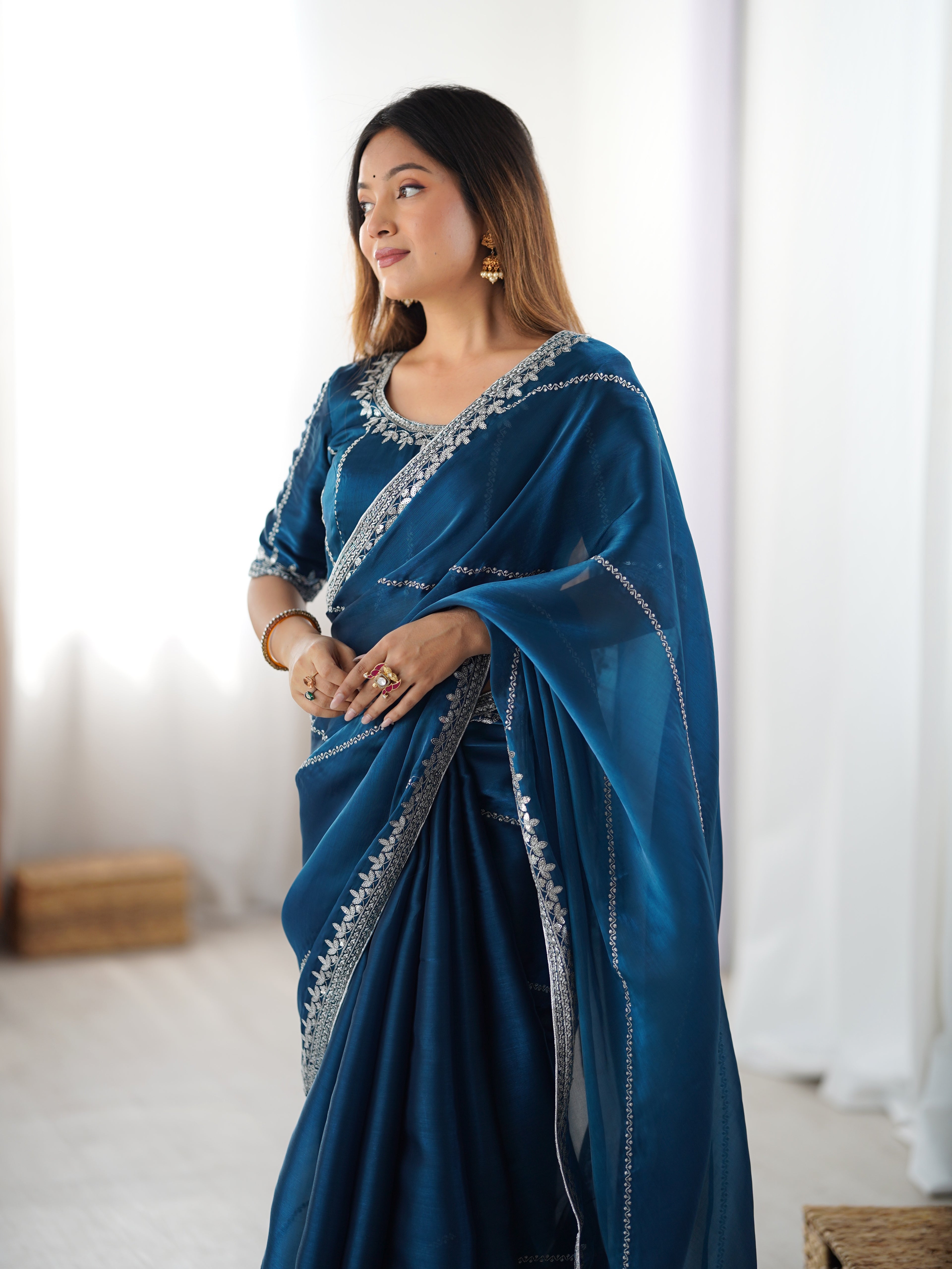 Exquisite Teal Blue Heavy JMC Silk Saree with Thread & Sequins Embroidery