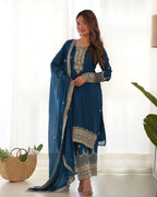 Royal Teal Pure Chinon Silk Embroidered Kurta Set with Dupatta & Trousers