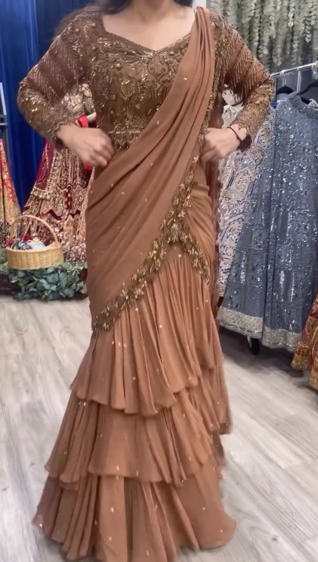 Brown (Chocolate) Georgette Ready-to-Wear Lehenga Saree with Beads Work