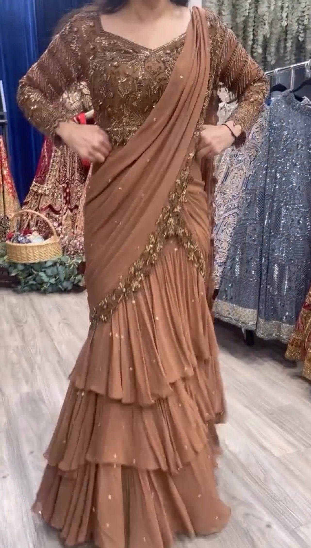 Brown (Chocolate) Georgette Ready-to-Wear Lehenga Saree with Beads Work