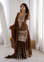 Elegant Chocolate Brown Crunchy Silk Sharara Set with Heavy Dori & Jari Embroidery