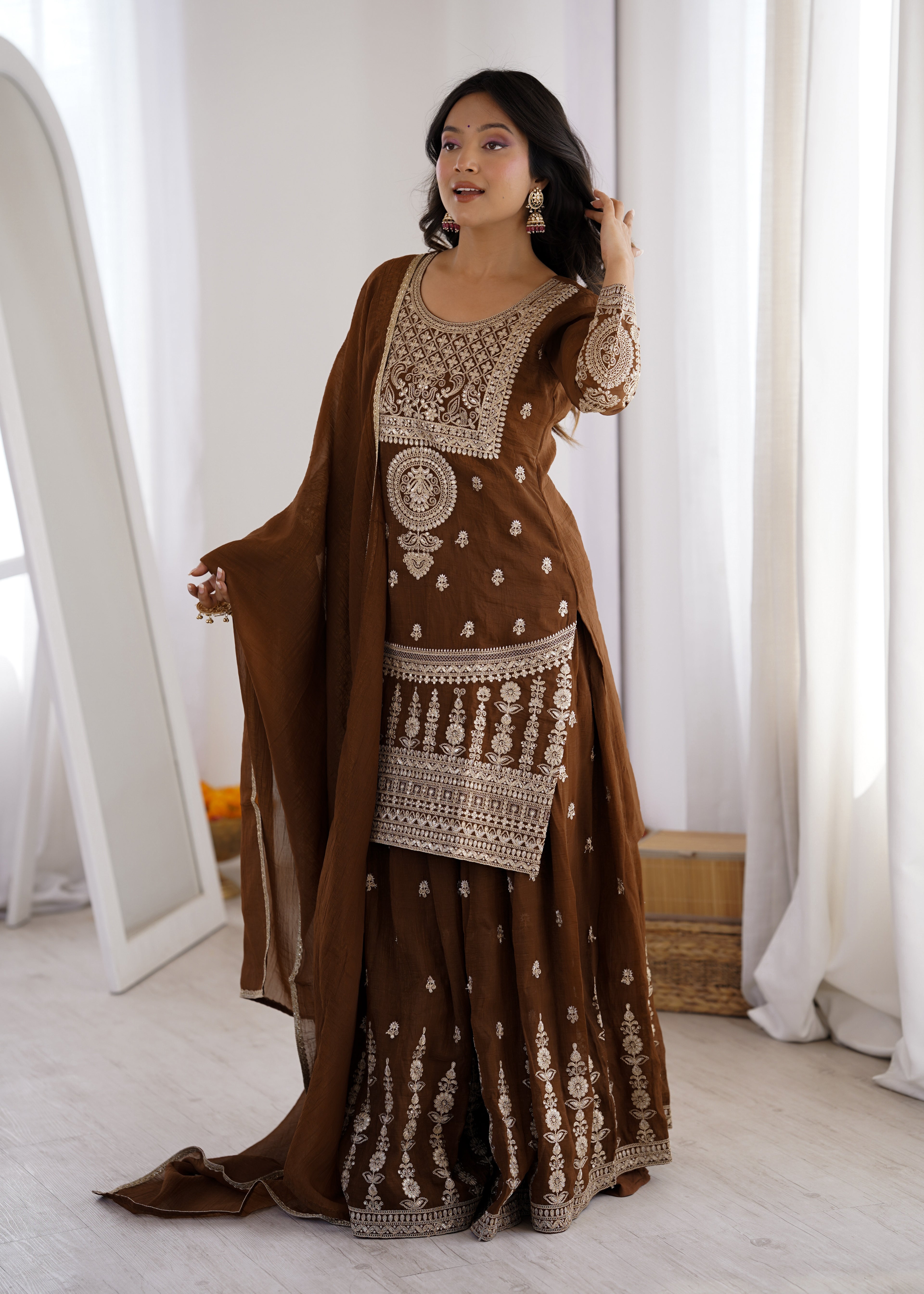 Elegant Chocolate Brown Crunchy Silk Sharara Set with Heavy Dori & Jari Embroidery