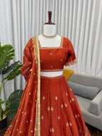 Premium Rust Orange Krishma Silk Lehenga Choli Set with Sequins Work & Heavy Flair