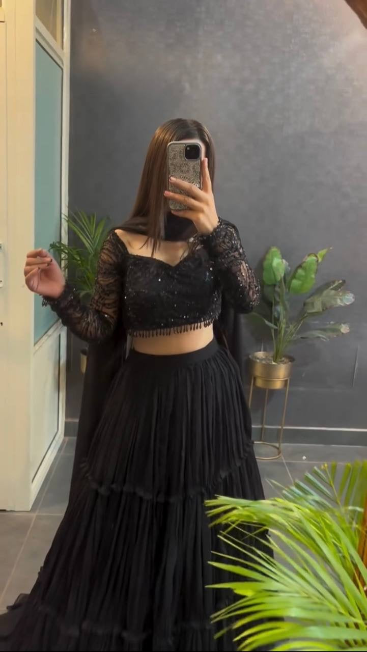 Black Ruffle Georgette Lehenga Set with Sequins Net Blouse & Dupatta – Premium Party & Wedding Wear