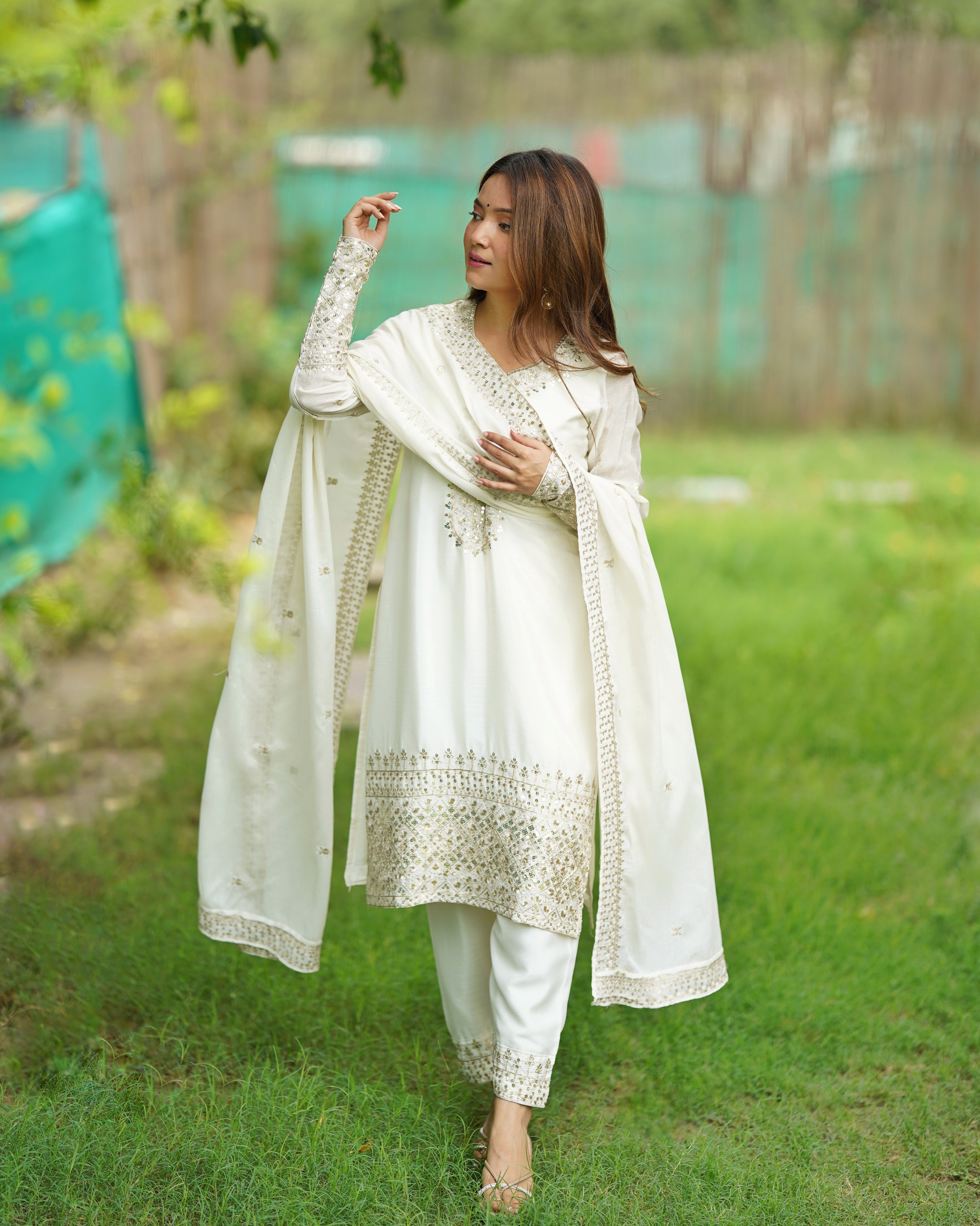 Ivory Pure Chinon Silk Straight Fit Kurta Set with Embroidery, Zari Work & Dupatta – Ready to Wear