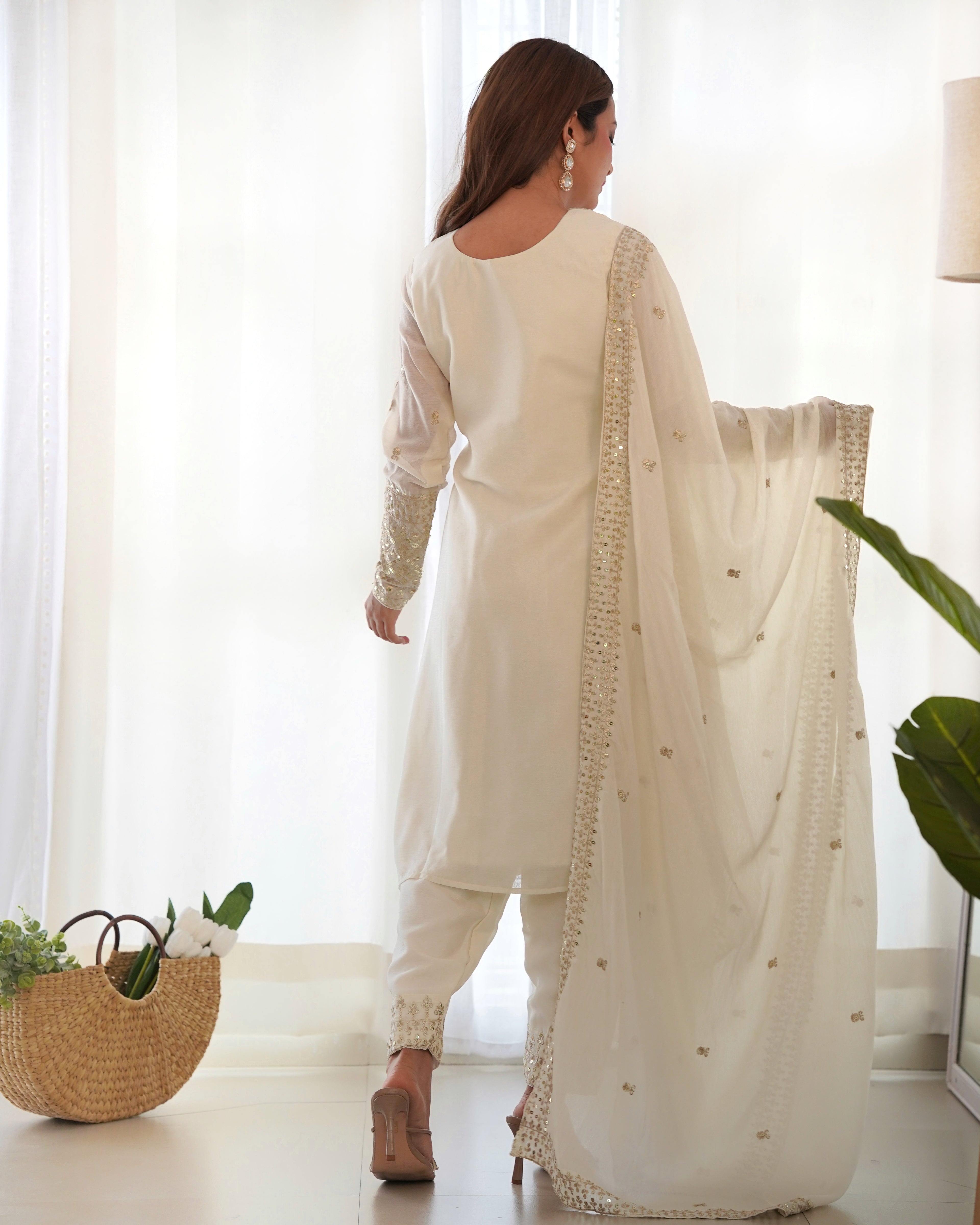 Ivory Pure Chinon Silk Straight Fit Kurta Set with Embroidery, Zari Work & Dupatta – Ready to Wear