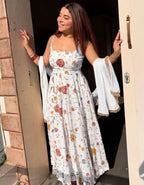 White Floral Heavy Vichitra Silk Anarkali Suit Set with Matching Dupatta (3-Piece)