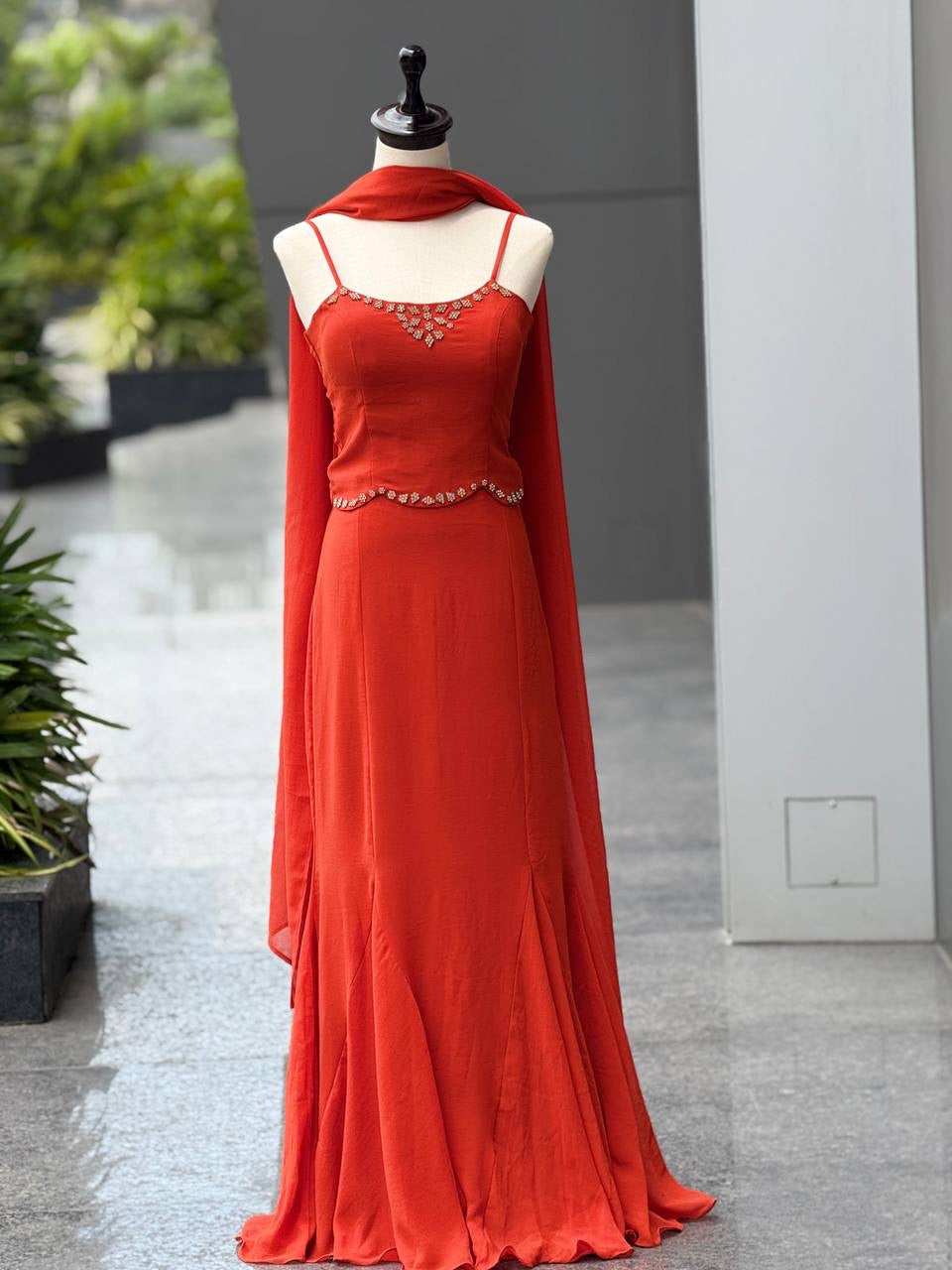 Flame Red Georgette Fishcut Skirt Set with Diamond Work Blouse & Dupatta