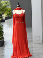 Flame Red Georgette Fishcut Skirt Set with Diamond Work Blouse & Dupatta