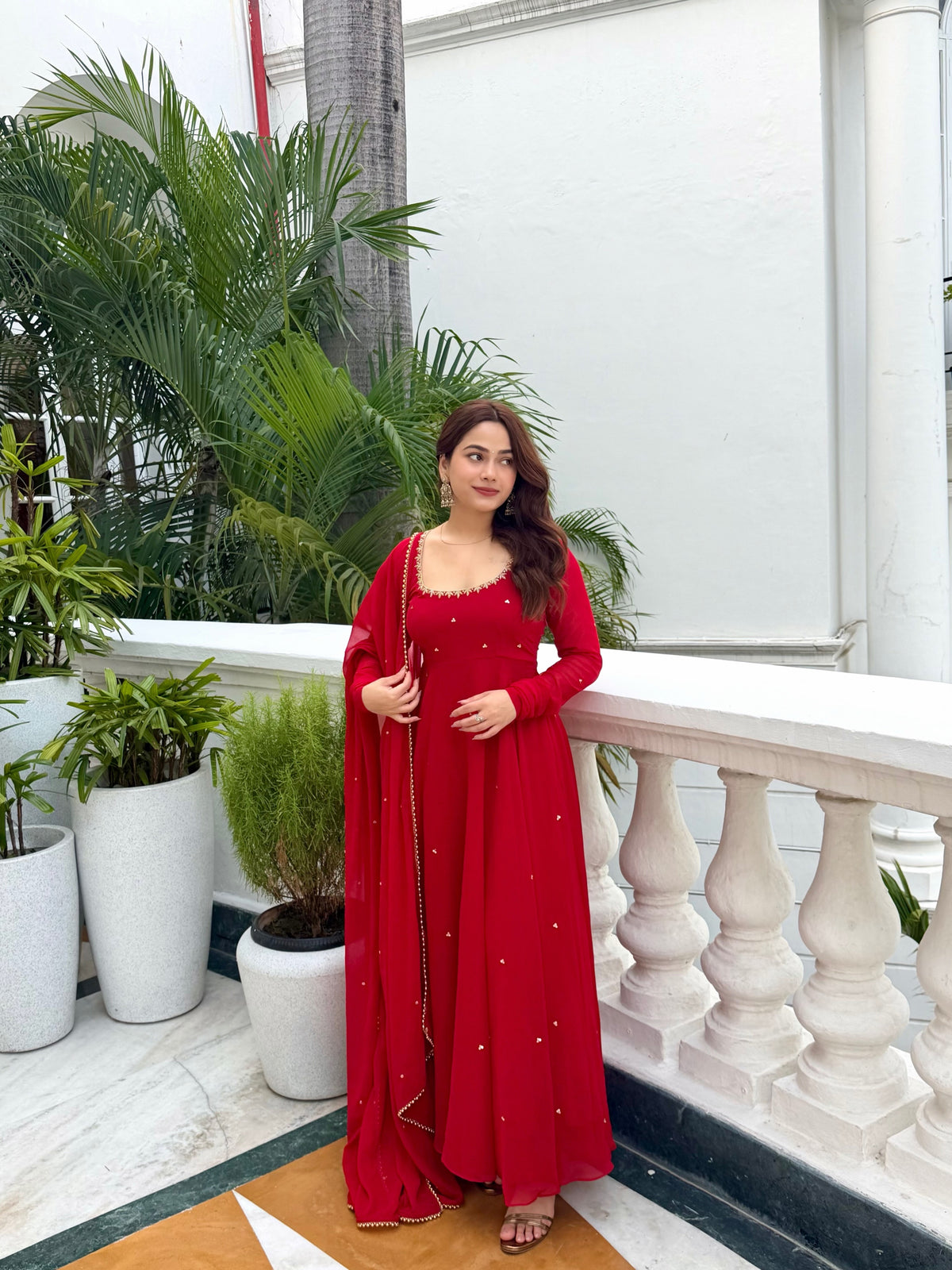 Red Anarkali Suit with Handwork & Pearl Work