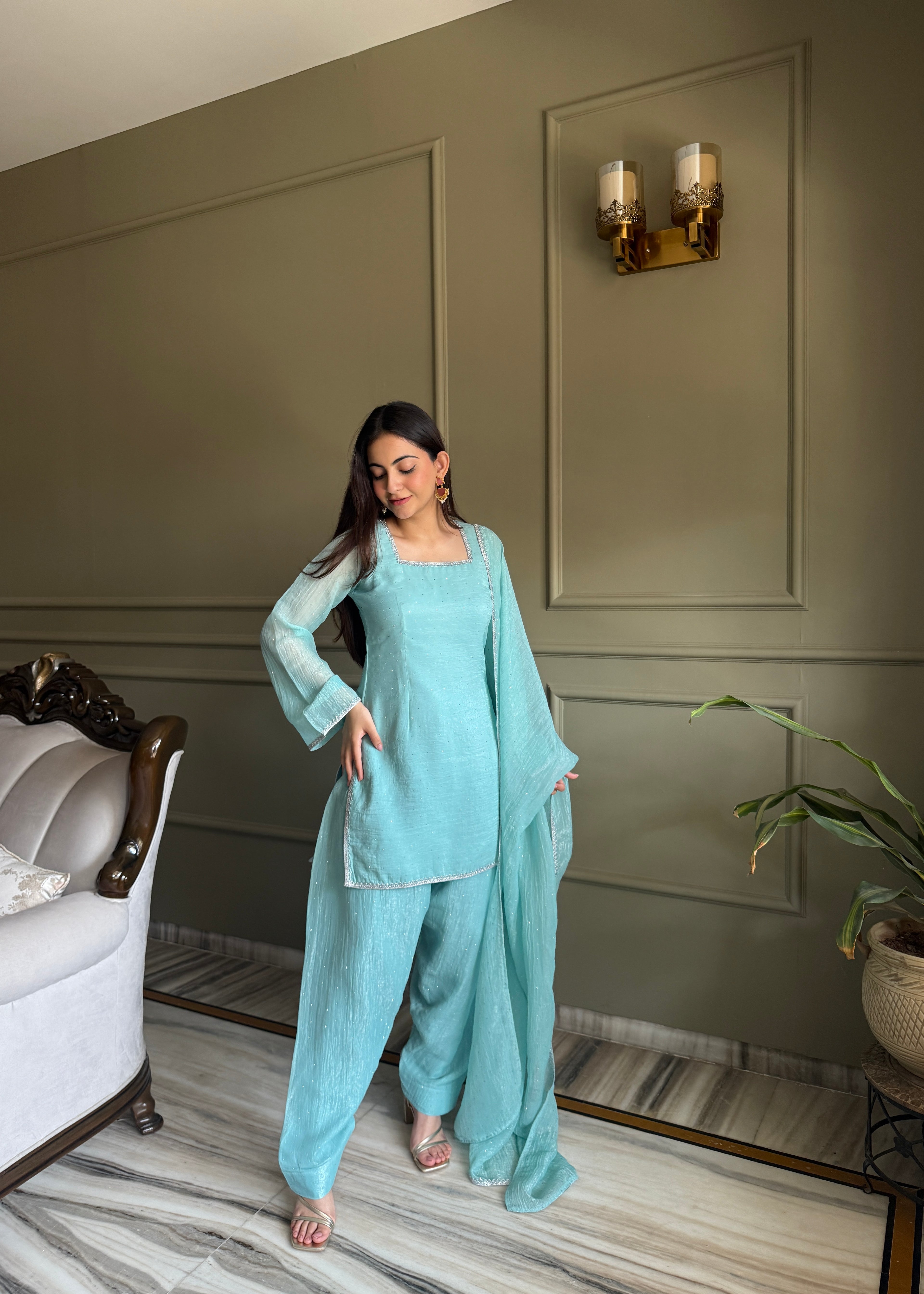 Aqua Blue Crunchy Silk Farshi Salwar Suit with Swarovski Work & Dupatta