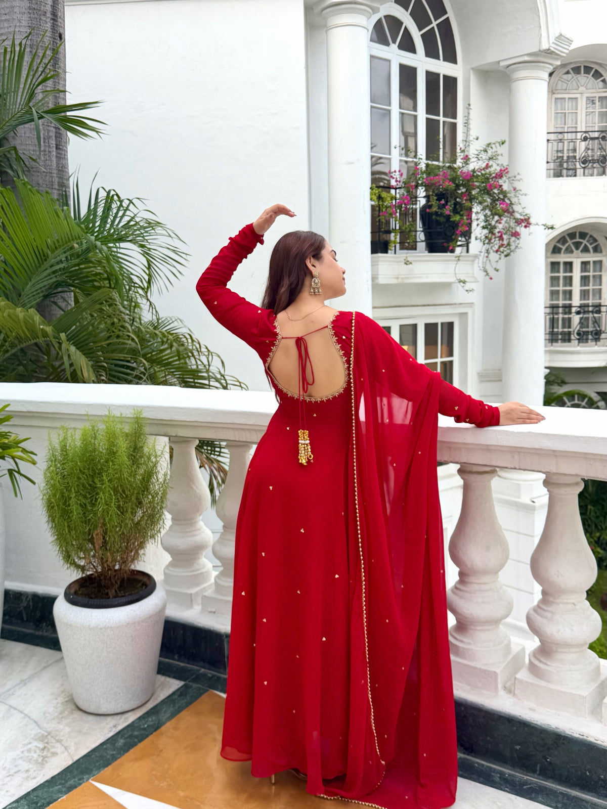 Red Anarkali Suit with Handwork & Pearl Work