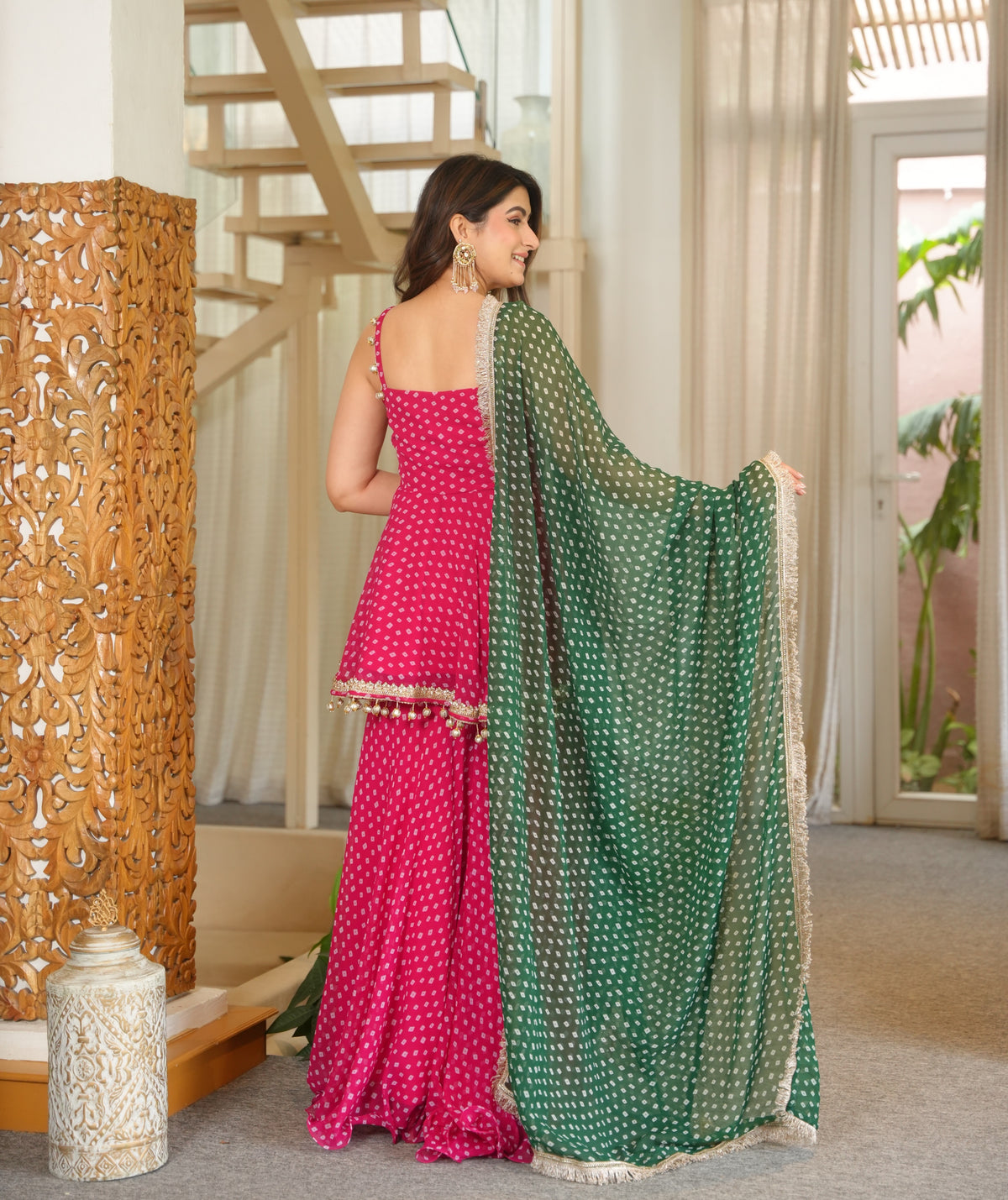 Pink Bandhani Print Fully Stitched Suit Sharara Set with Green Dupatta