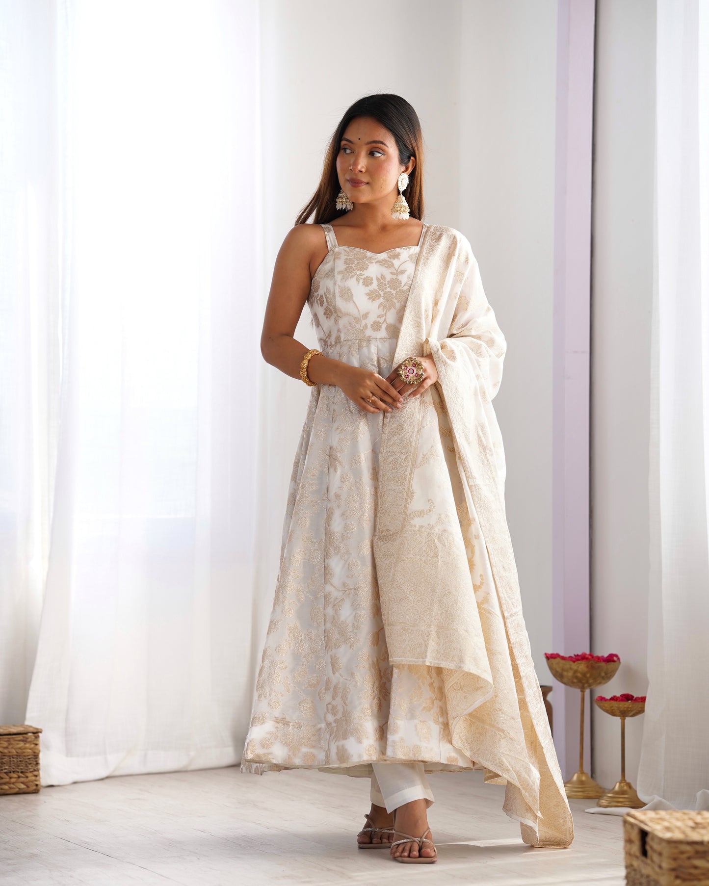 Ivory Banarasi Jacquard Dola Silk Anarkali Suit Set with Dupatta
