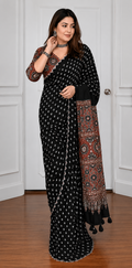 Black Bandhej Saree with Ajrakh Pallu & Real Mirror Work