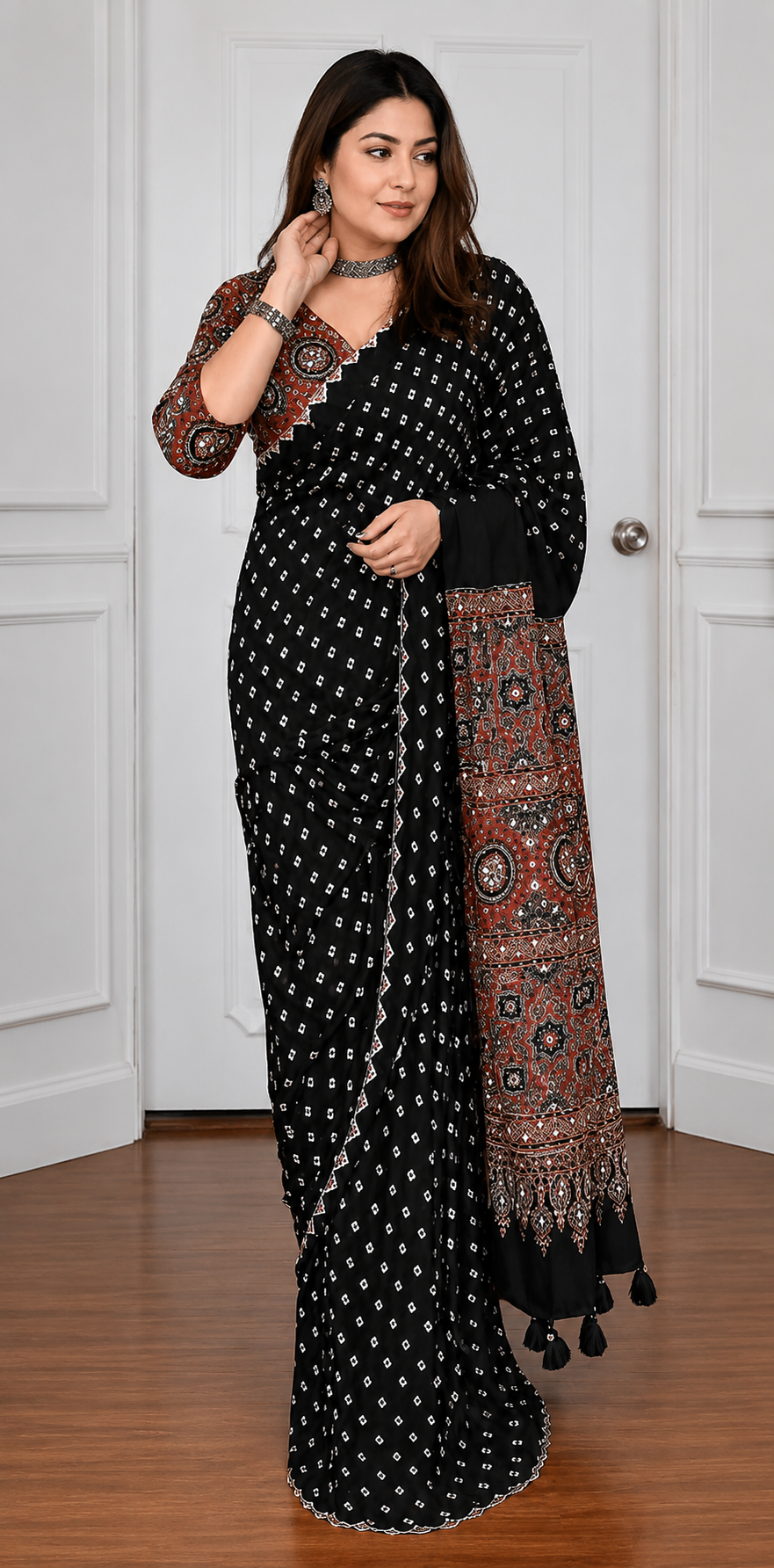Black Bandhej Saree with Ajrakh Pallu & Real Mirror Work