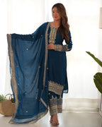 Royal Teal Pure Chinon Silk Embroidered Kurta Set with Dupatta & Trousers